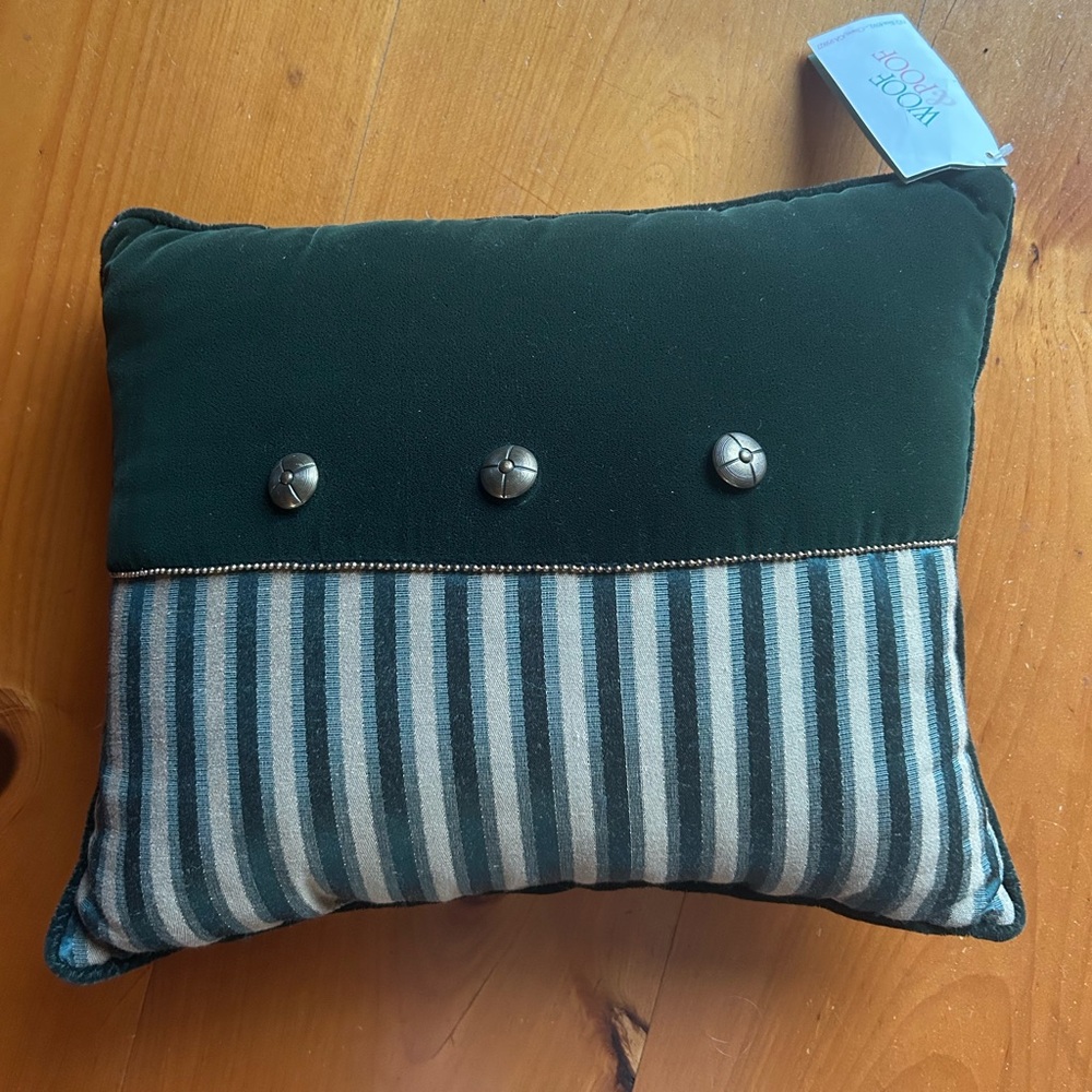 Woof and Poof Green Velvet and Striped Decorative Pillow